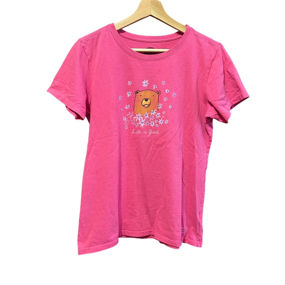 Life is Good Womens Crusher Tee Pink Bear Floral Graphic T-Shirt Medium